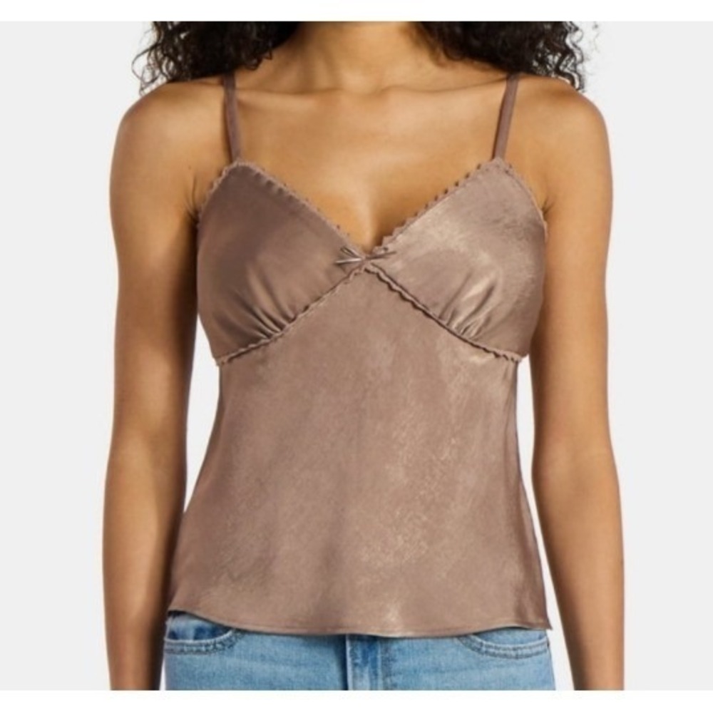 No Boundaries‎ Babydoll Sz XL Camisole Y2K Top Beige Lace Trim Bow Detail